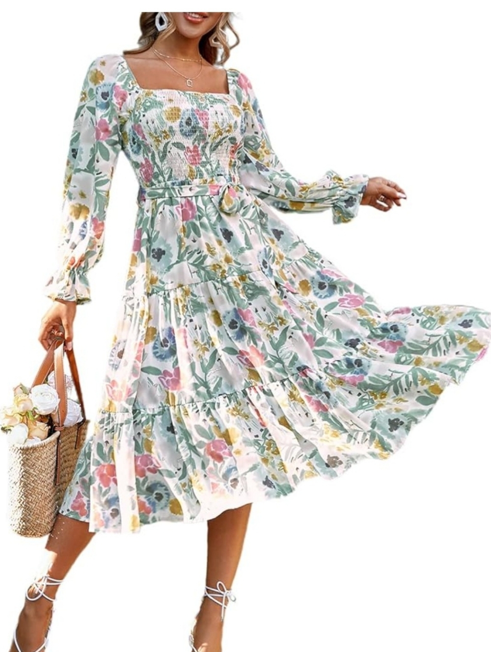Floral Smocked Midi Dress with Belt